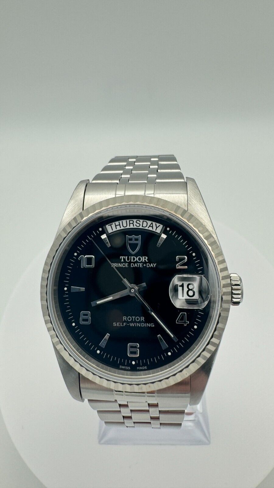 Tudor Prince Date+Day Ref. 76214 Black Dial 36mm President Armbanduhr in Silber