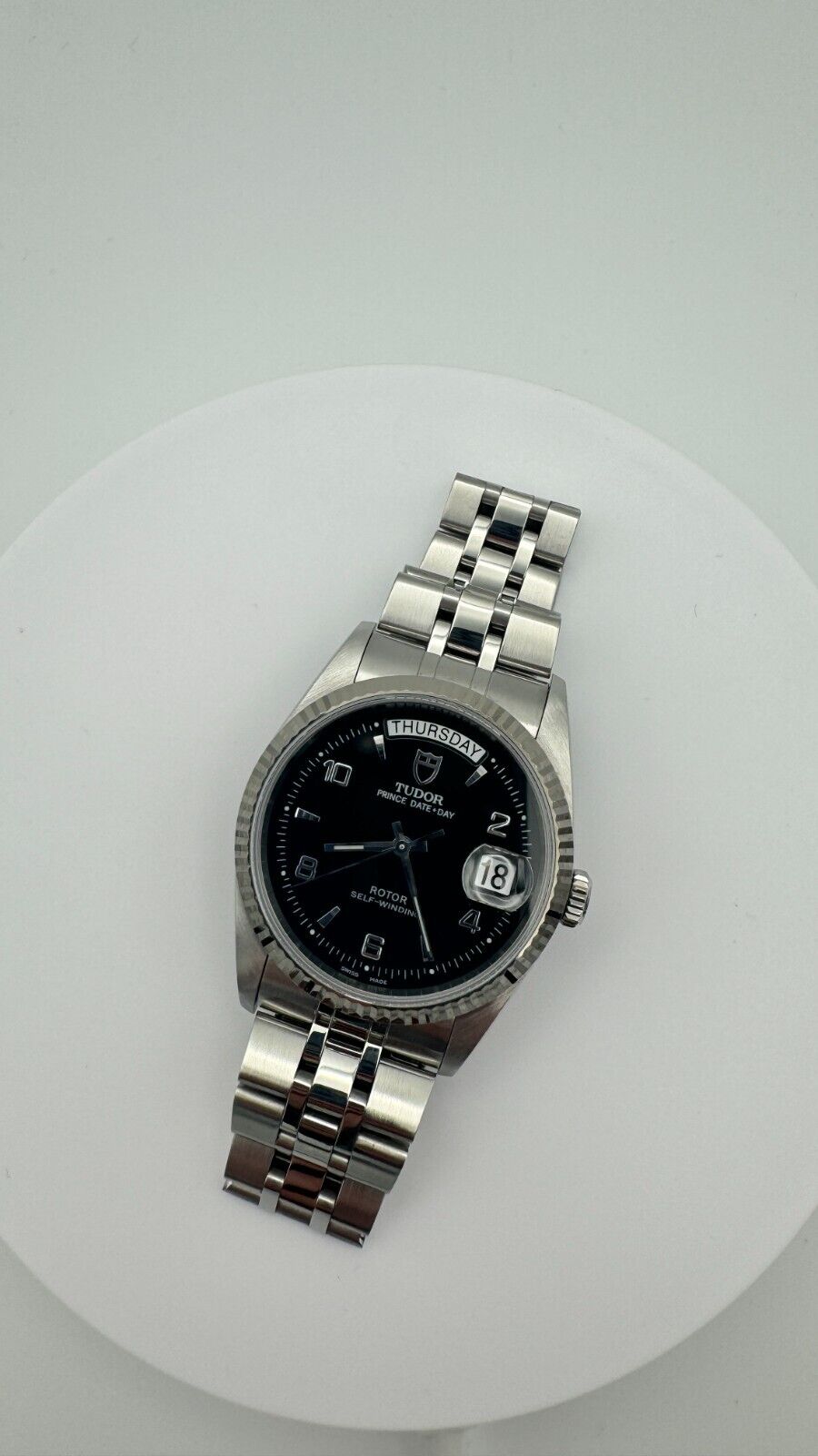 Tudor Prince Date+Day Ref. 76214 Black Dial 36mm President Armbanduhr in Silber